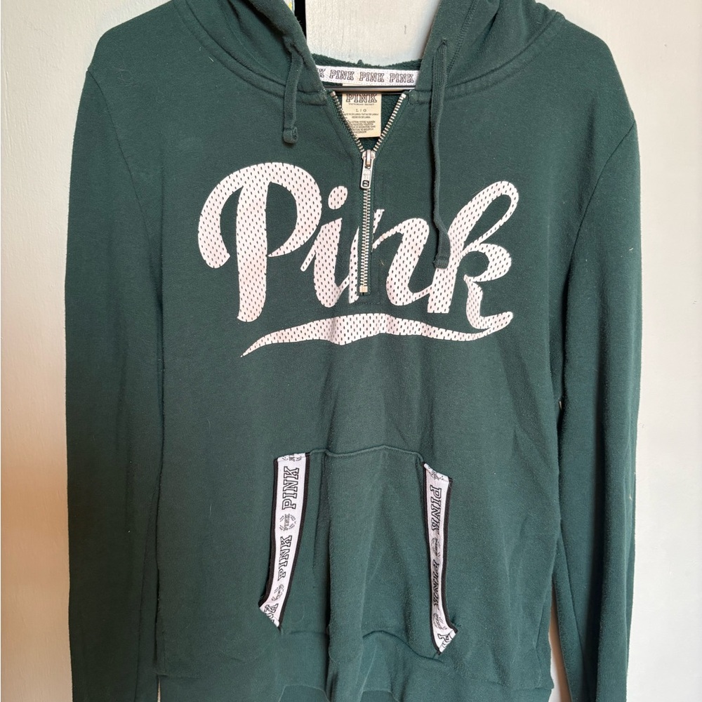 PINK Victoria's Secret Dark Green Half-Zip Hoodie with White Logo